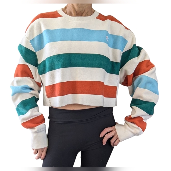 Champion & UO Rainbow Stripe Cropped Cotton Crew Neck Sweatshirt Size S - Picture 1 of 10